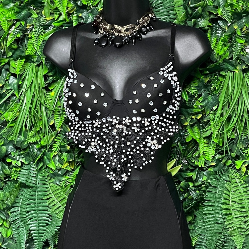 Love J Top Black Rhinestone Bra Party Festival‎ Rave Burlesque Lingerie 3112 - Picture 2 of 7